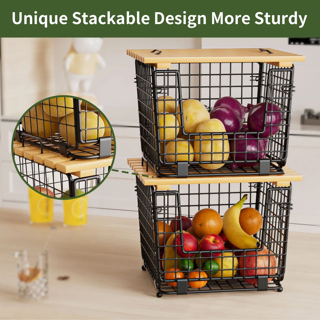 TINANA Stackable Fruit Baskets with Bamboo Top, 2 Pack, Black W1664