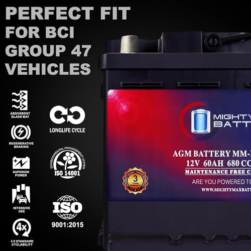Mighty Max Battery MM-H5 Start and Stop Car Battery, Group Size 47, 12V 60 AH, AGM E711958