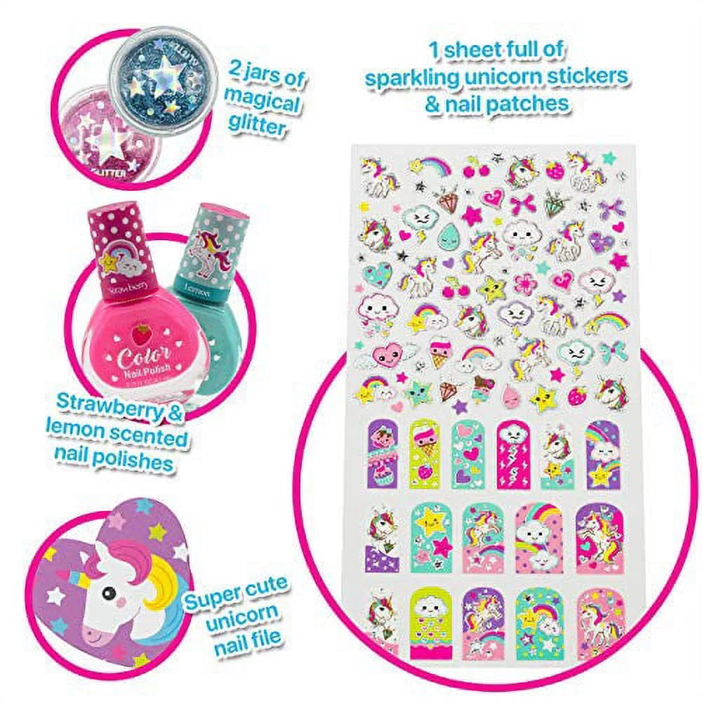 Hot Focus Sparkling Unicorn Nail Art Kit for Little Girls, 80PCS Scented Nail Polish, Glitter, Stickers, Non-Toxic T330860