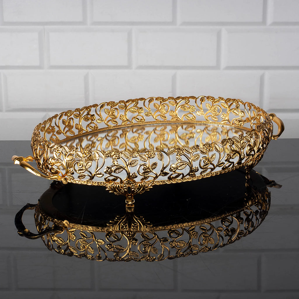 Metal Handmade Filigree Mirrored Tray for Vanity, 17.3" x 10.2" V419204