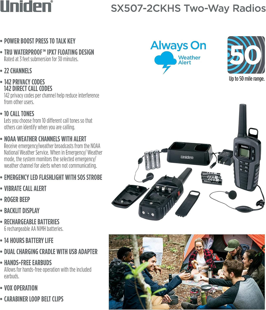 Uniden SX507-2CKHS Two-Way Radio Walkie Talkies with Dual Charging Cradle, Waterproof, 22 Channels U73496