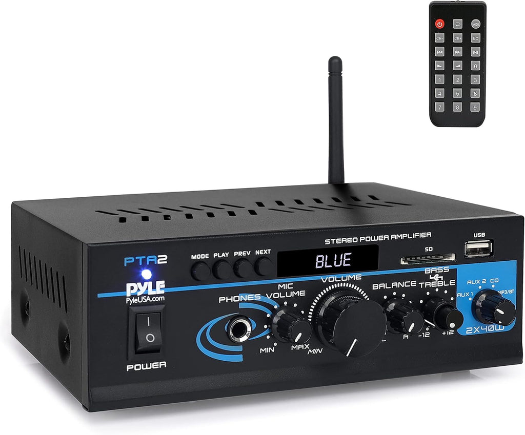 Pyle Home Audio Power Amplifier System - 2X40W Bluetooth Mini Dual Channel Mixer Sound Stereo Receiver Box w/ AUX, Mic Input - For Amplified Speakers, PA, CD Player, Theater via RCA, Studio Use - PTA2 Pack of 2