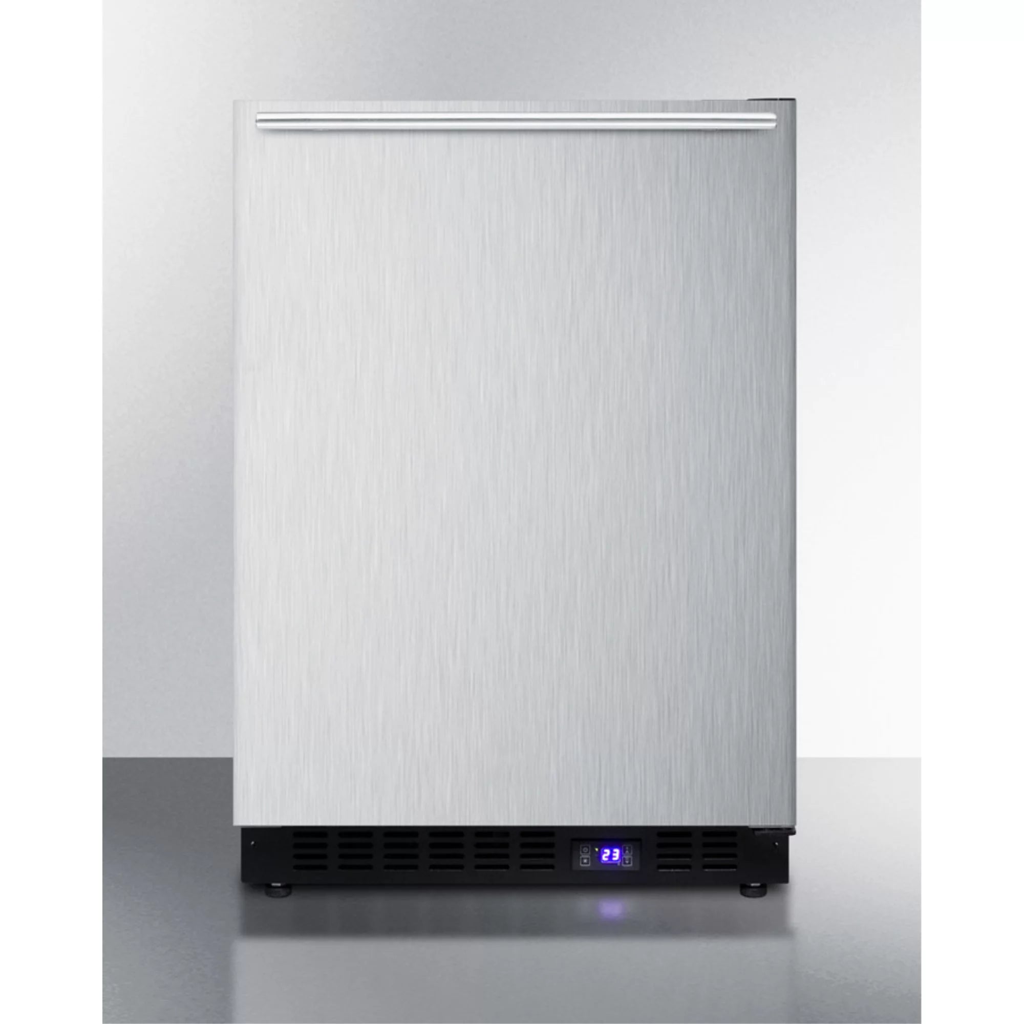 Frost-free built-in undercounter all-freezer for residential use, with factory installed icemaker, stainless steel wrapped exterior, and horizontal handle