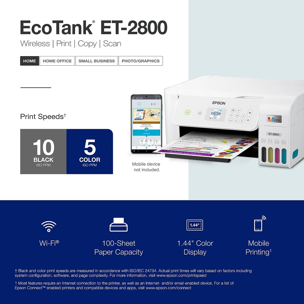 Epson EcoTank ET-2800 Wireless All-in-One Supertank Printer with Scan and Copy, White A1706
