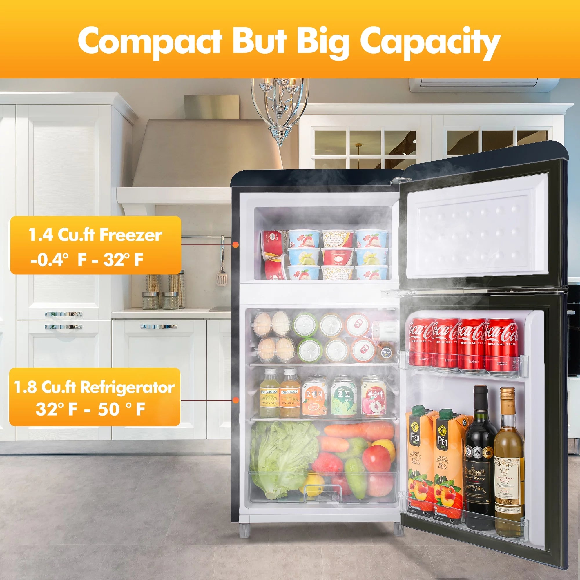 WANAI 3.5 Cu Ft Two Door Mini Fridge with Freezer, Black Y71847